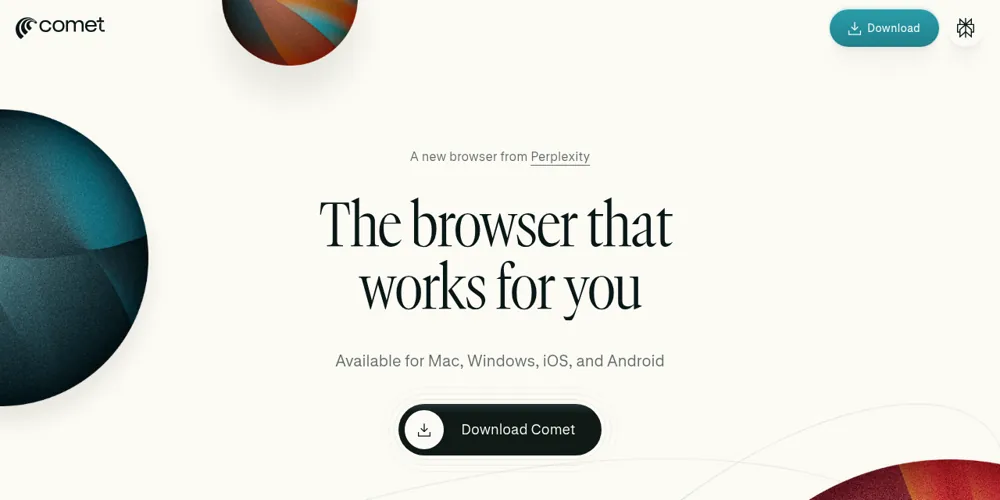 Perplexity Comet webpage headline The browser that works for you with a download button