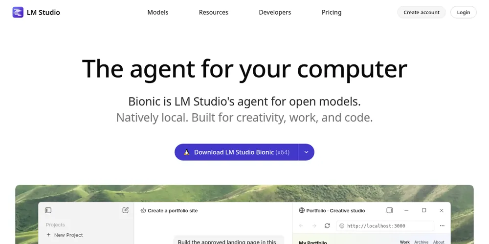 LM Studio website homepage with download buttons