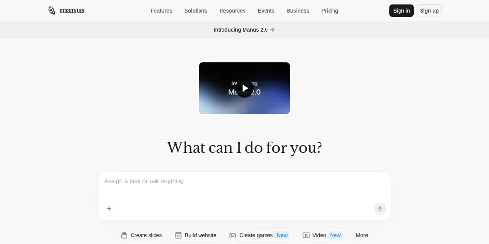 Manus website homepage with a task box asking What can I do for you