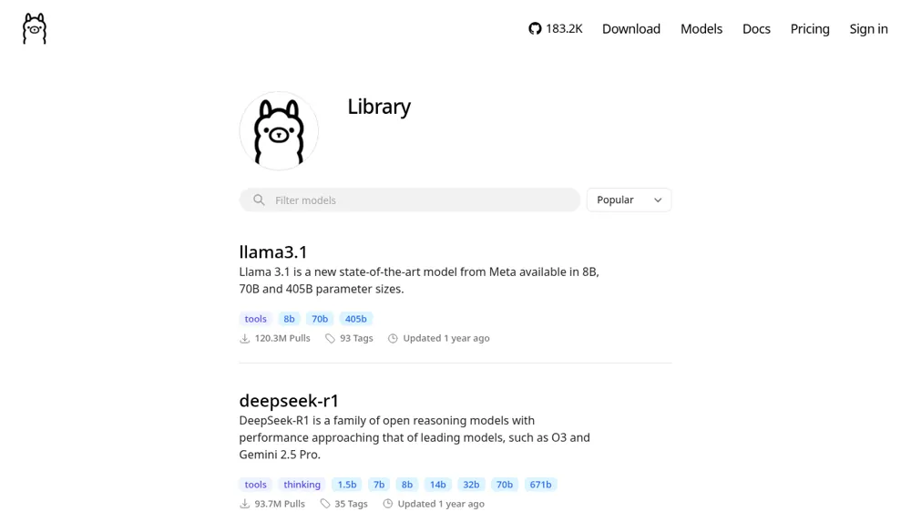 Ollama model library page listing open models