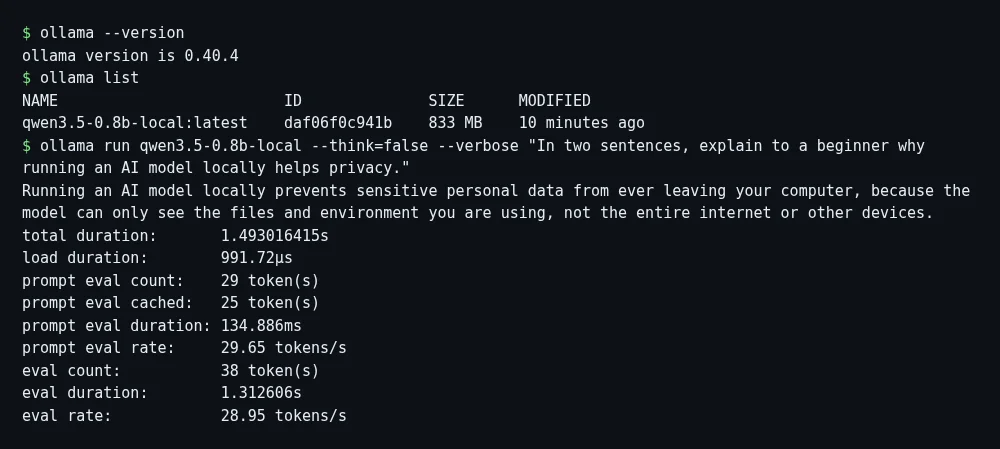 Terminal showing ollama version 0.40.4, the model list, a prompt about privacy, the model's answer and timing statistics