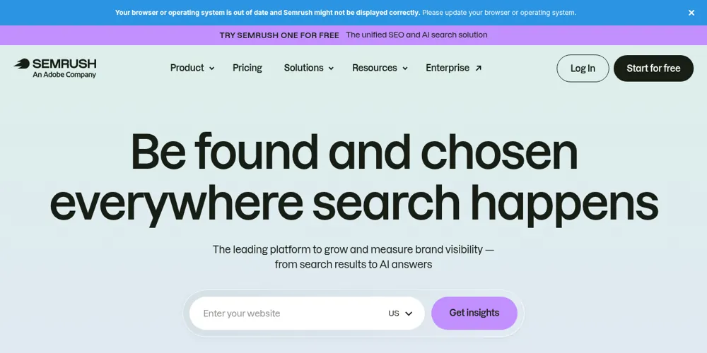 Semrush website homepage headline with a domain search box