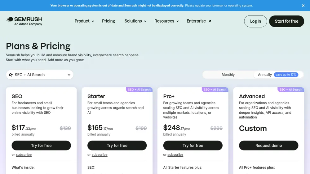 Semrush plans and pricing page with SEO, Starter, Pro+ and Advanced plans
