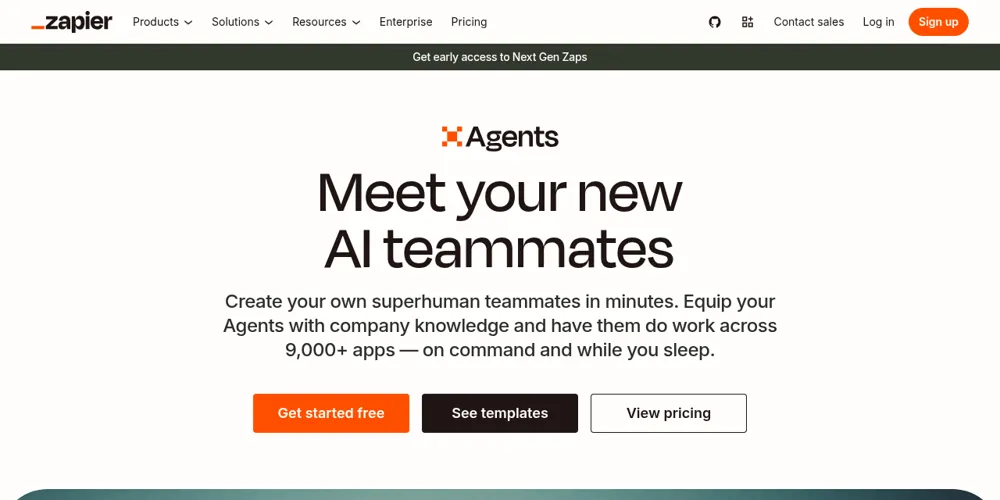 Zapier Agents webpage headline Meet your new AI teammates